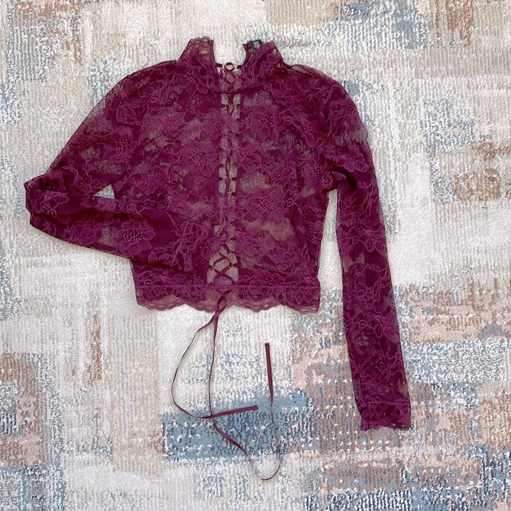 Victoria’s Secret size S mock neck burgundy lace long sleeve top w/ laceup back